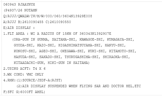NOTAM P4937/26 の原文の写し(10月9日 13:55〜14:50 日本時間)