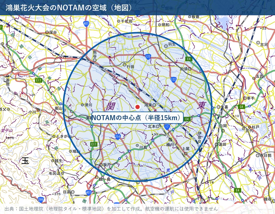 NOTAMの中心点(鴻巣市付近)から半径15kmの円を国土地理院の標準地図に描いた図。円の中に鴻巣・行田・北本・桶川などが入る