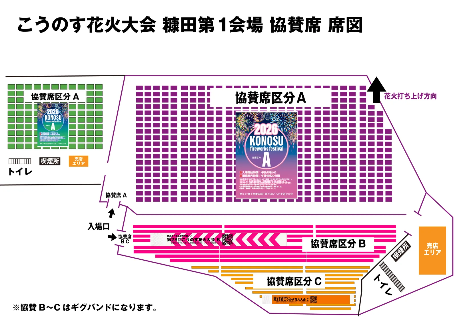 こうのす花火大会 糠田第1会場の協賛席の席図。協賛席区分A・B・Cと入場口・売店・トイレ